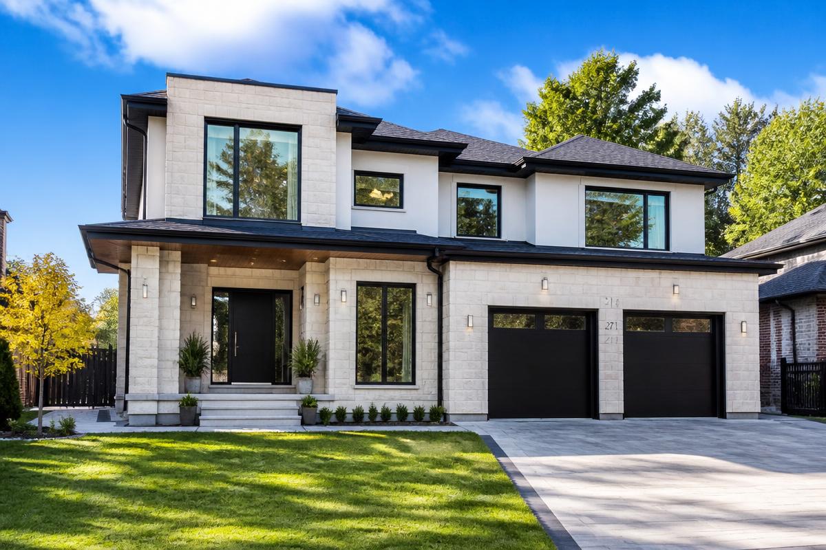 Beautiful new custom home in Ottawa with modern stone exterior and manicured landscaping